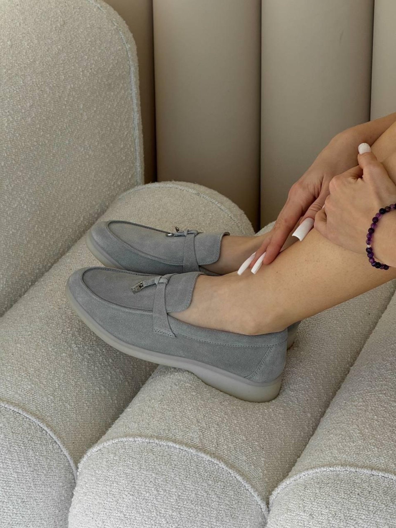 Лоферы из натуральной замши на кожаной стельке Светло серый (154/хилари2) модель P_209494-S40_209531 Фото