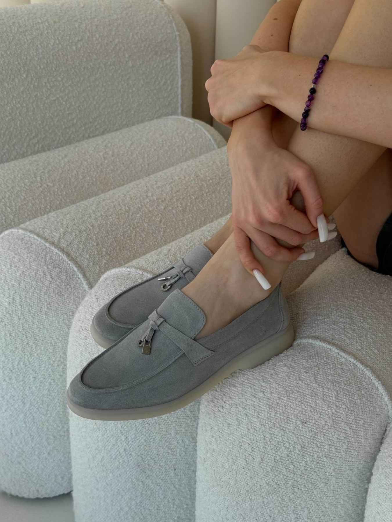 Лоферы из натуральной замши на кожаной стельке Светло серый (154/хилари2) модель P_209494-S40_209531 Фото