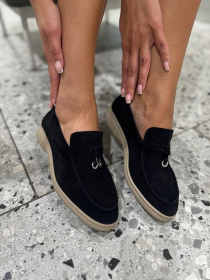 Замшевые лоферы узкая перемычка/замок и кольцо Черный (154/хилари2/фурнитура) модель P_190198-S37_190204 Фото