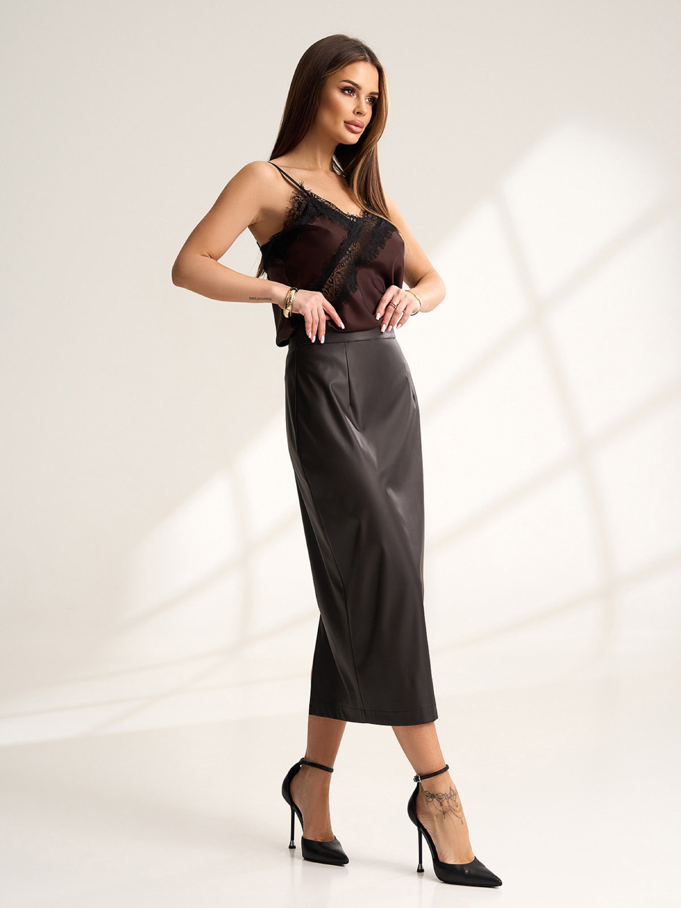 Юбка миди ISSA Plus модель 15531_темно-коричневый Фото