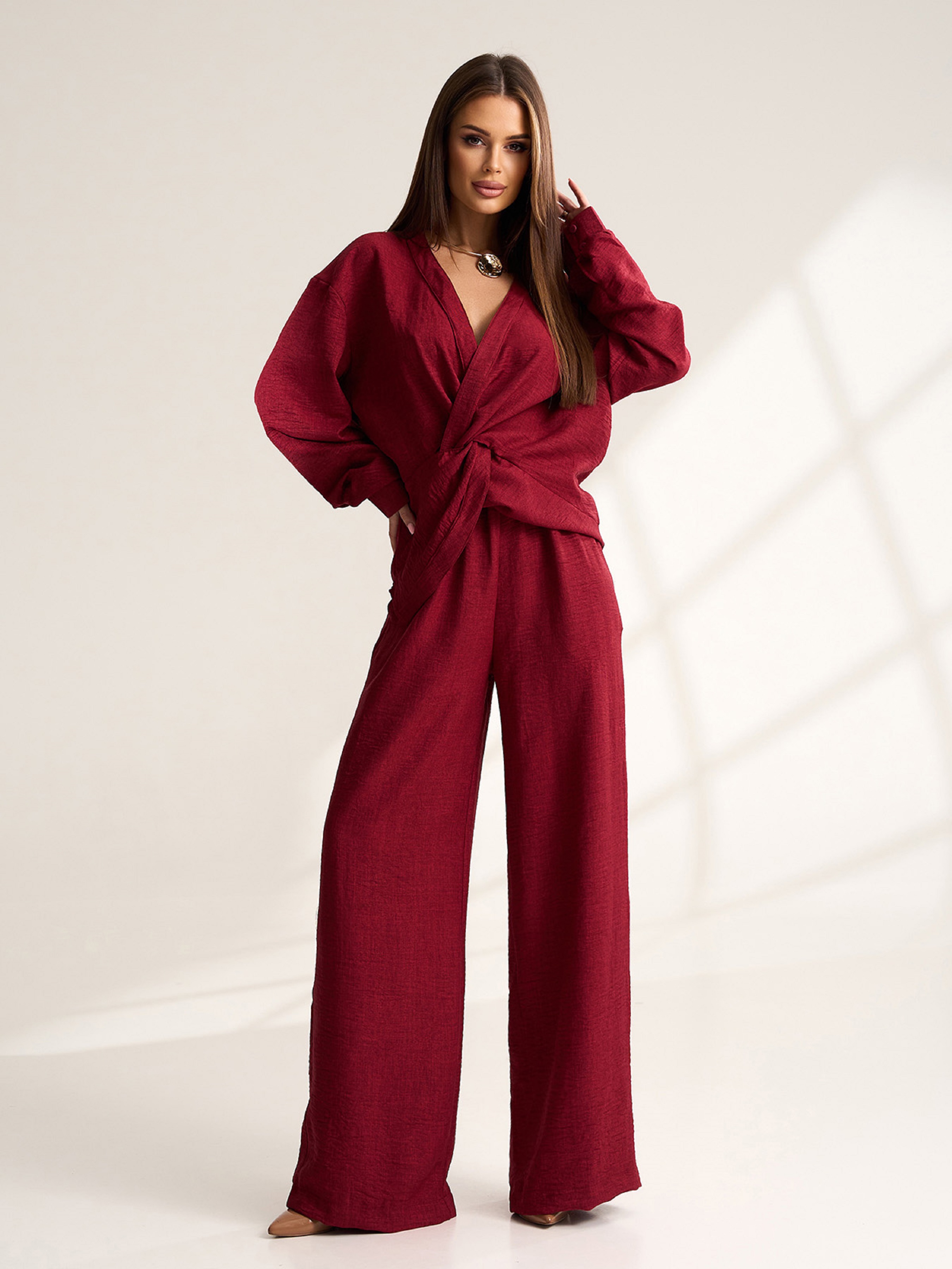 Лляний Жіночий Повсякденний костюм ISSA Plus  (15534_dark_burgundy) колір бордовий