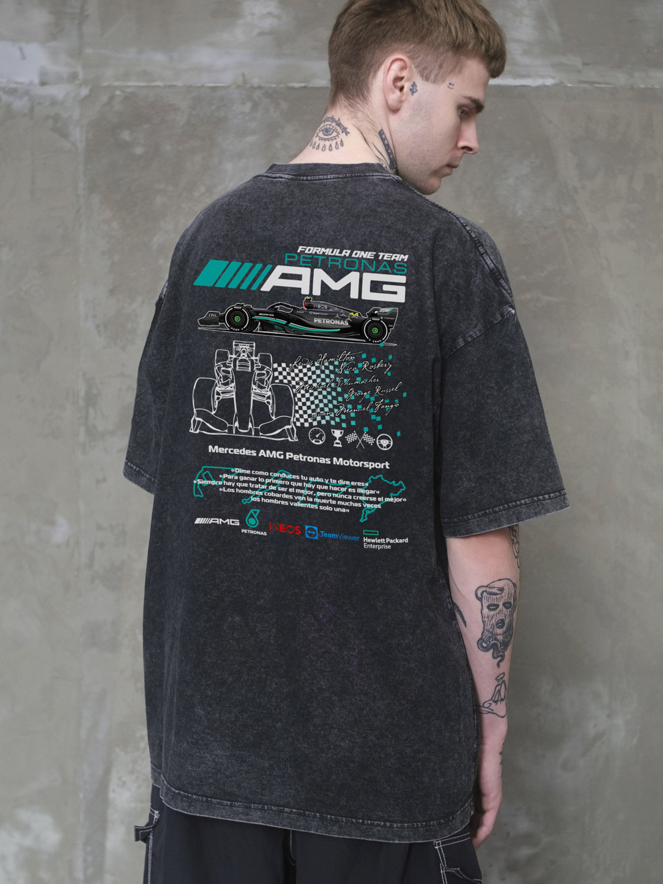 Чоловіча Виварена Оверсайз Футболка Without Washed З Принтом AMG Black модель 8056128 Фото