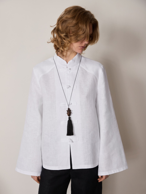 Лляна сорочка вільного крою з коміром- стійкою в східному стилі в білому кольорі модель copy_lFLSSCEIS-002 Фото