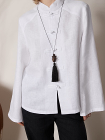 Лляна сорочка вільного крою з коміром- стійкою в східному стилі в білому кольорі модель copy_lFLSSCEIS-002 Фото