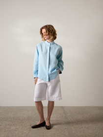 Лляна сорочка прямого крою з коміром-стійкою та довгим рукавом в блакитному кольорі модель SCLSSCLS-013 Лляна сорочка прямого крою з коміром-стійкою та довгим рукавом в блакитному кольорі модель SCLSSCLS-013 Фото