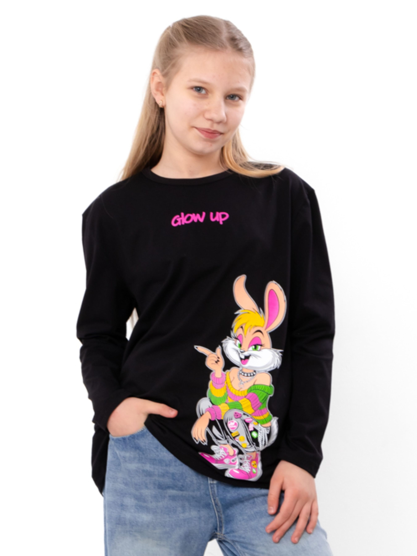 Джемпер для дівчинки підлітковий з принтом кролика "Glow up", Чорний Носи Своє (6363-036-33-2-5) модель 6363-036-33-2-5-chornij-zaq Фото