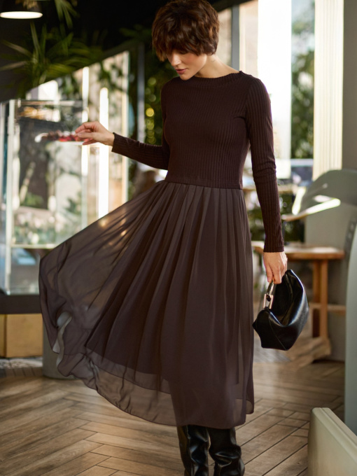 Комбинированное платье с шифоновой юбкой коричневое модель 71595 Фото