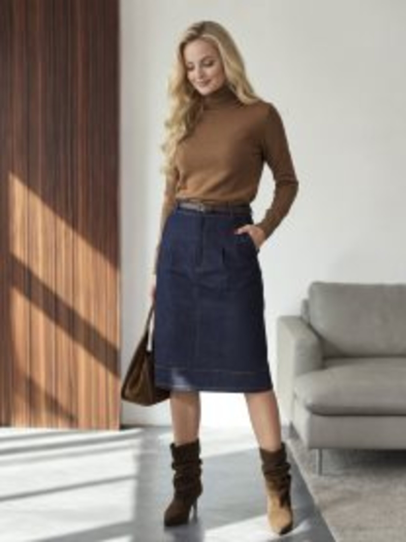 Джинсовая юбка с поясом тёмно синяя модель 76849 Фото