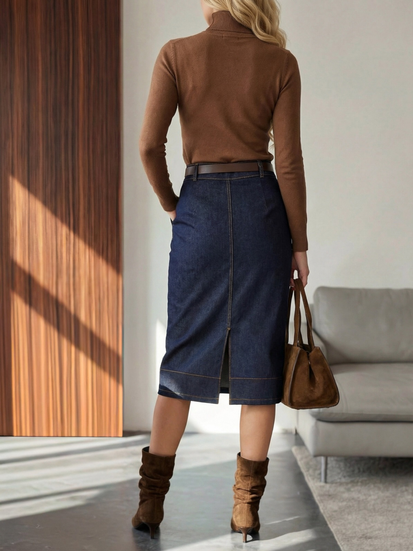 Джинсовая юбка с поясом тёмно синяя модель 76849 Фото