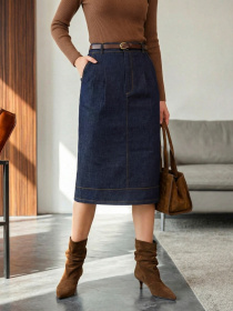 Джинсовая юбка с поясом тёмно синяя модель 76849 Джинсовая юбка с поясом тёмно синяя модель 76849 Фото