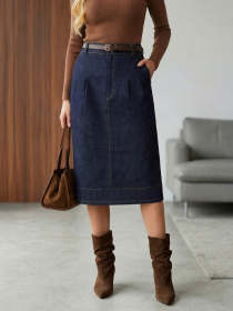 Джинсовая юбка с поясом тёмно синяя модель 76849 Джинсовая юбка с поясом тёмно синяя модель 76849 Фото