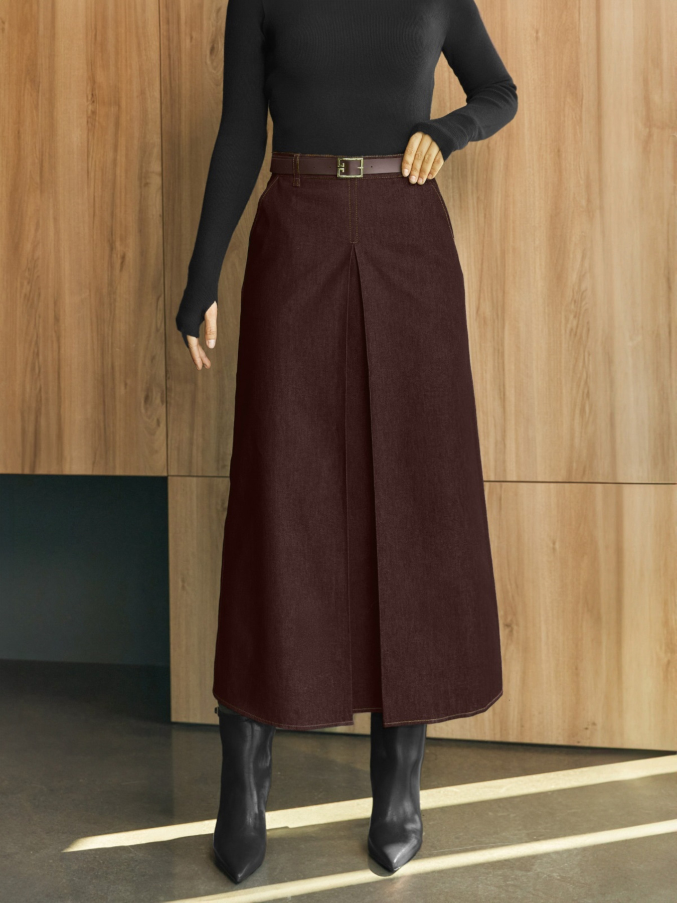 Юбка миди из замши коричневая модель 76759 Фото