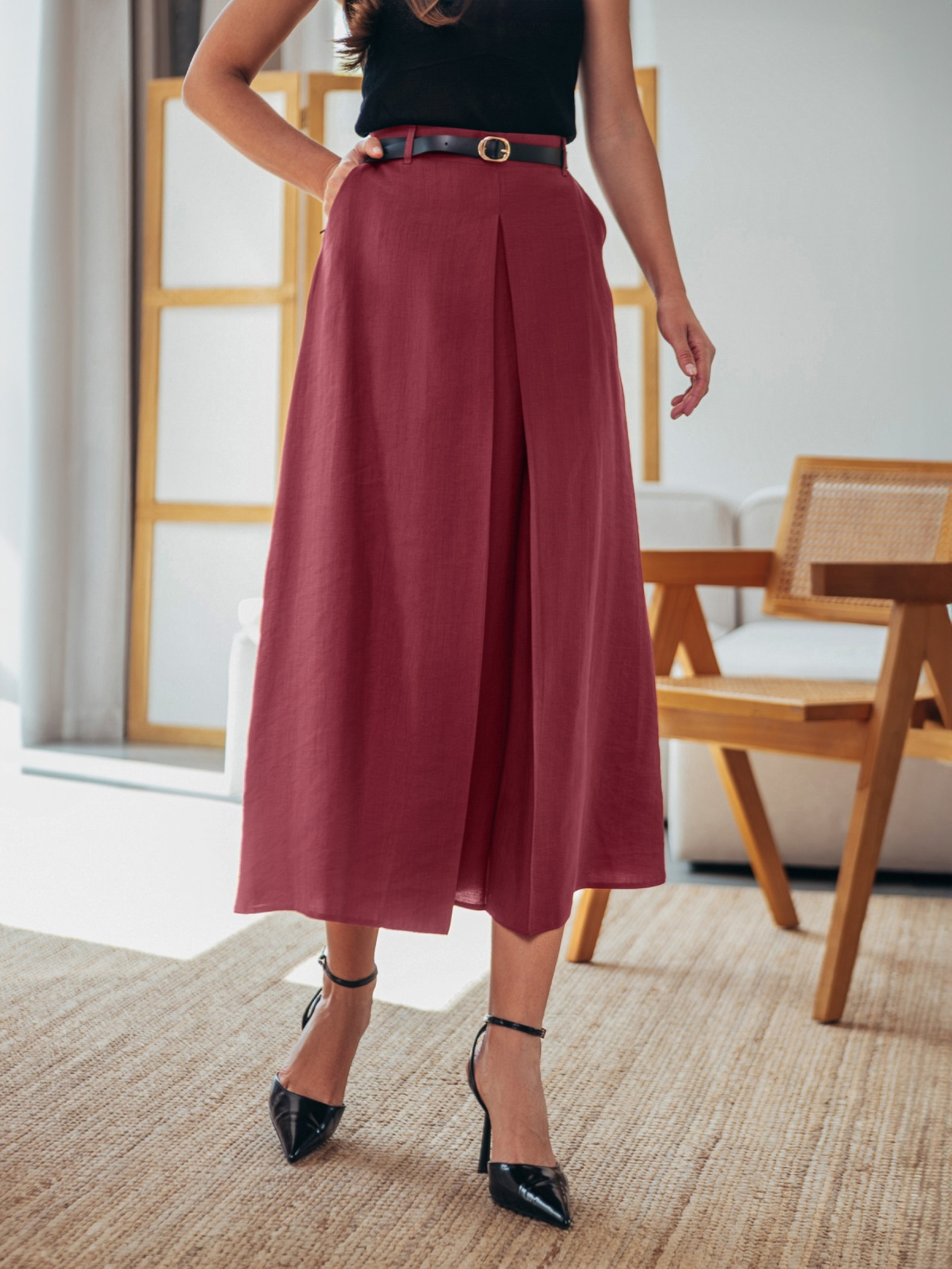 Бордовая юбка миди со складкой спереди модель 75891 Фото