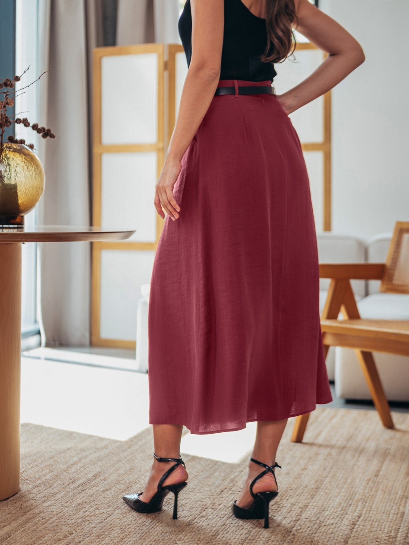 Бордовая юбка миди со складкой спереди модель 75891 Фото