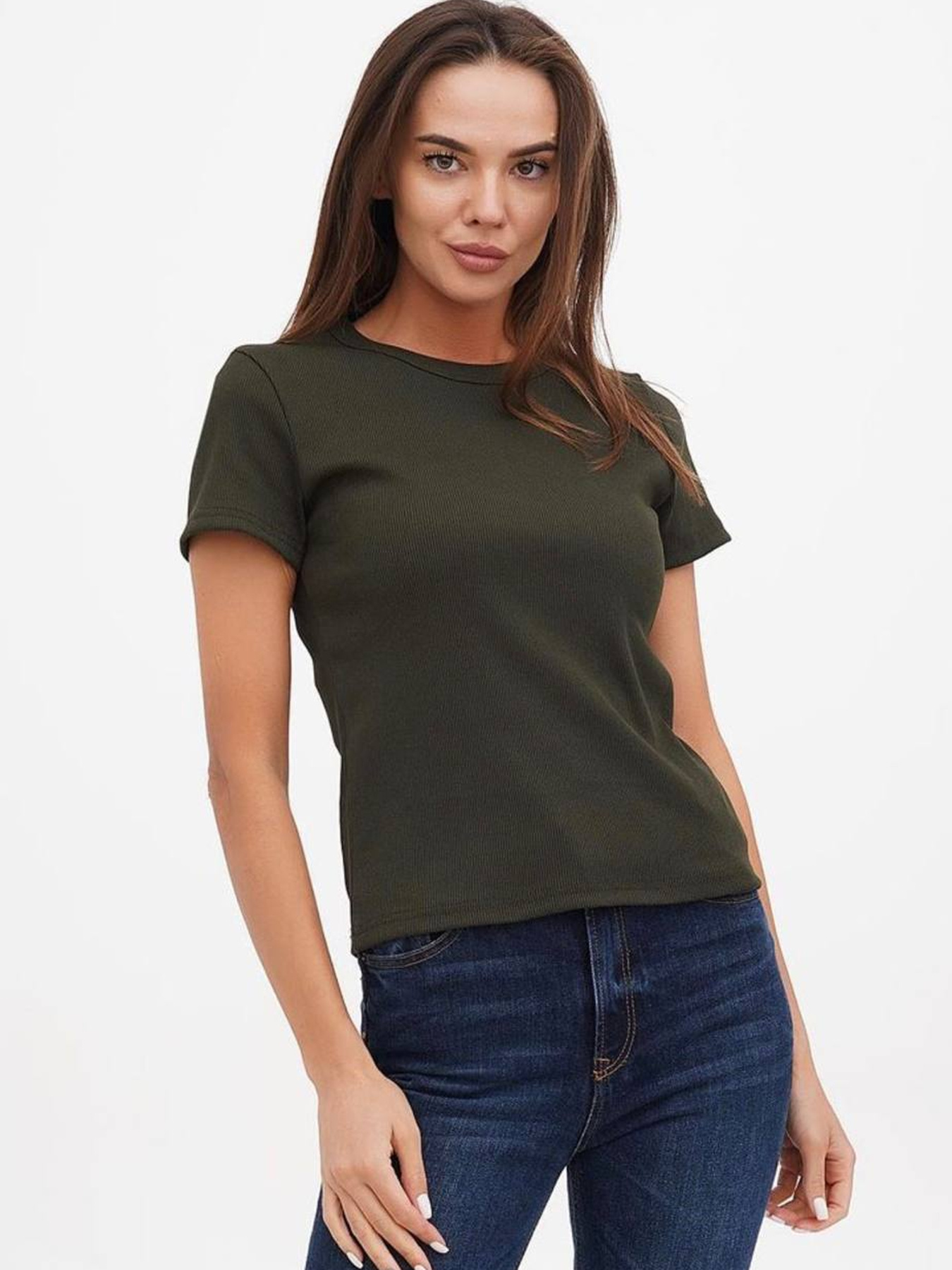 Футболка женская базовая "рубчик" хаки модель Wm301 Фото
