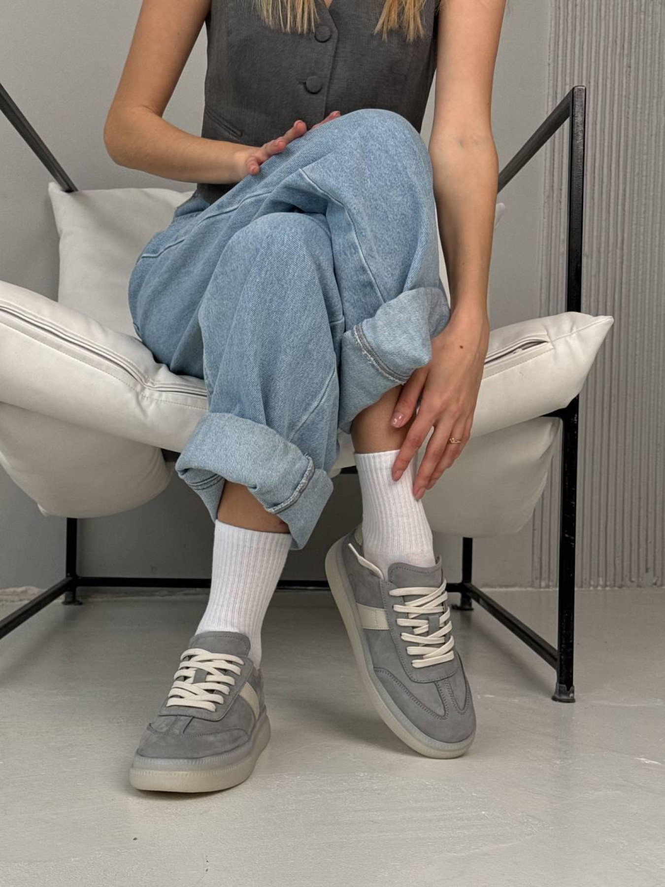 Кеды нубук и молочная кожа Светло-серые (123/Лайк7) 37 модель P_215389-S37_216669 Фото