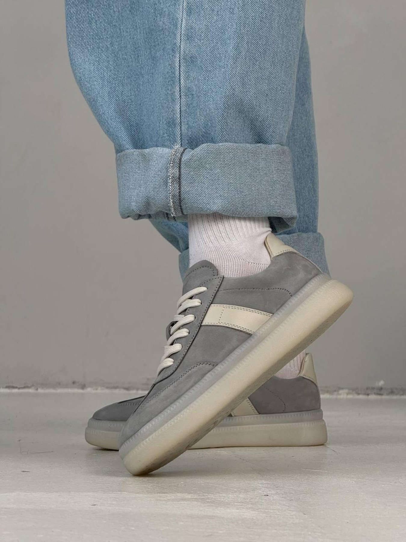 Кеды нубук и молочная кожа Светло-серые (123/Лайк7) 37 модель P_215389-S37_216669 Фото