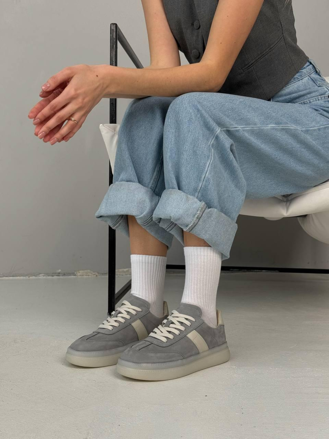 Кеды нубук и молочная кожа Светло-серые (123/Лайк7) 37 модель P_215389-S37_216669 Фото