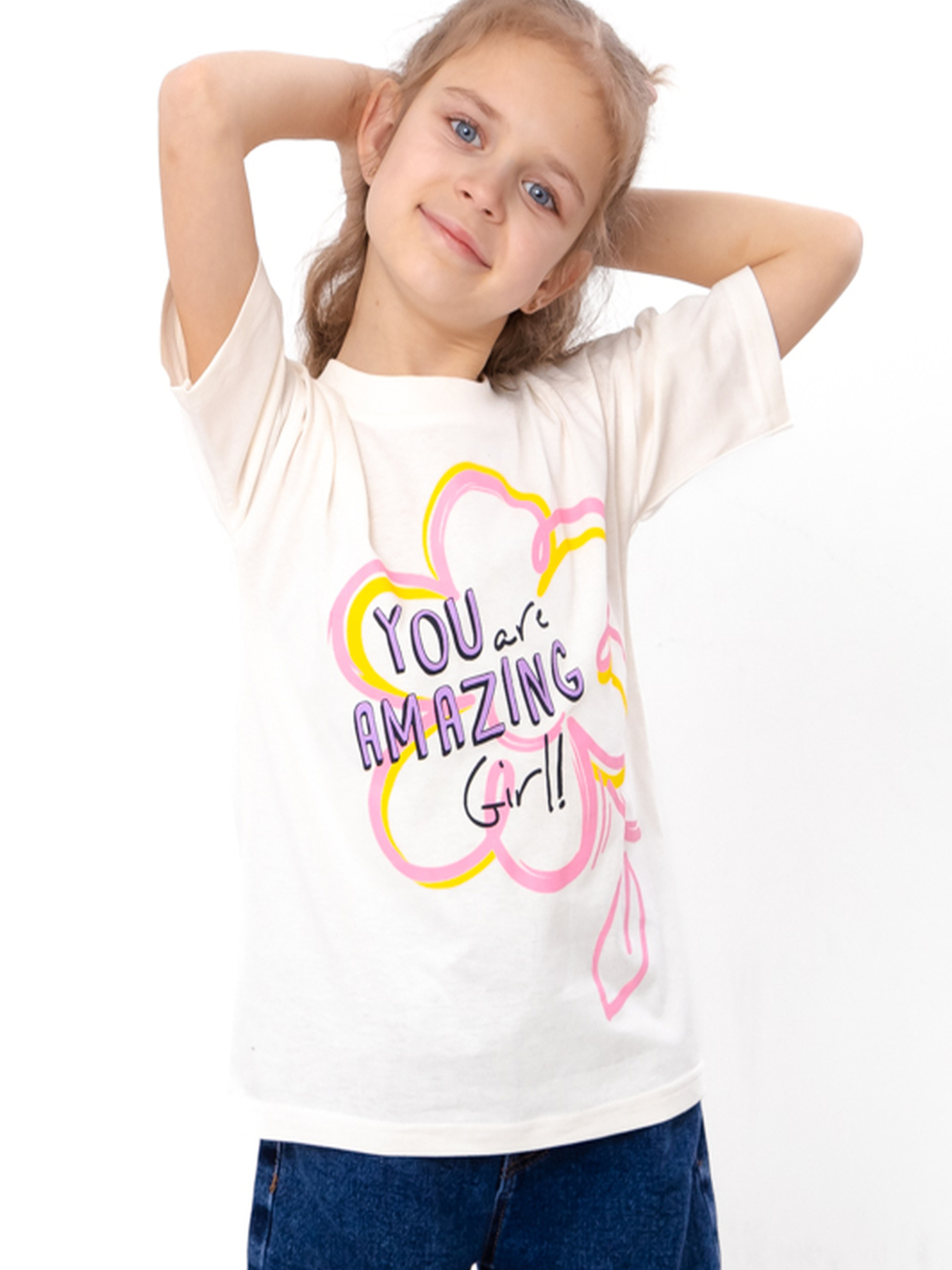 Футболка для дівчинки з написом Amazing Girl та квітковим принтом, Молочний Носи Своє (6414-001-33-5-3) модель 6414-001-33-5-3-molochnij-romashka Фото