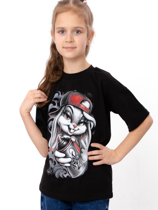 Футболка для дівчинки oversize з малюнком кролика-дівчинки, Чорний Носи Своє (6414-001-33-5-2) модель 6414-001-33-5-2-chornij-zajka Фото