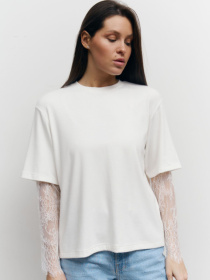 Белый лонг с гипюровыми рукавами Lace Touch модель 414 Белый лонг с гипюровыми рукавами Lace Touch модель 414 Фото