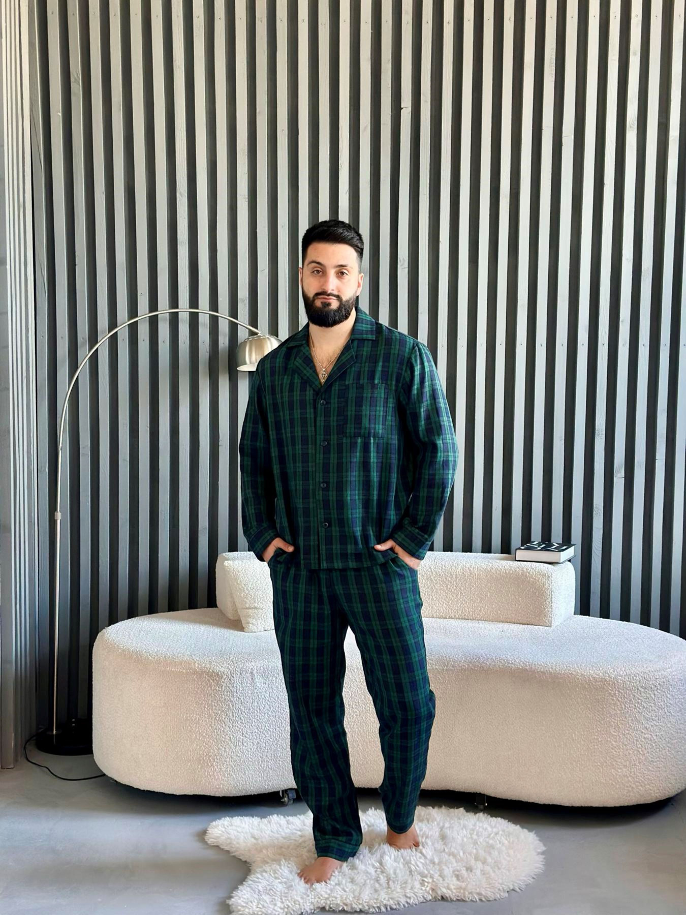 Пижамный комплект мужской "Бруклин" COSY из фланели (брюки+рубашка), клетка зелено-синяя модель F231P Фото