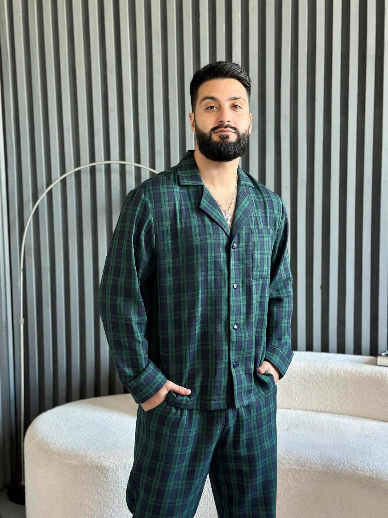 Пижамный комплект мужской "Бруклин" COSY из фланели (брюки+рубашка), клетка зелено-синяя модель F231P Фото