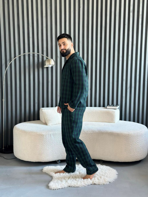 Пижамный комплект мужской "Бруклин" COSY из фланели (брюки+рубашка), клетка зелено-синяя модель F231P Фото