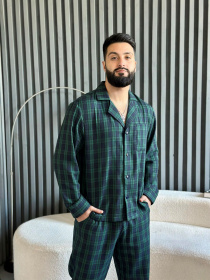 Пижамный комплект мужской "Бруклин" COSY из фланели (брюки+рубашка), клетка зелено-синяя модель F231P Фото