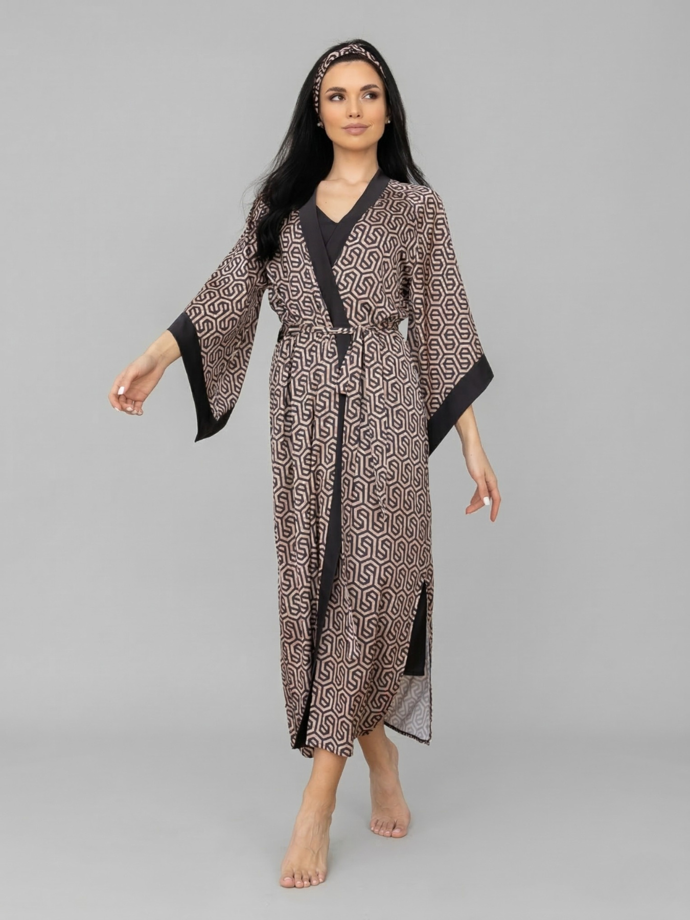 Шикарний шовковий комплект кімоно батал Кг199н Графіт+принт модель Кг199н Фото