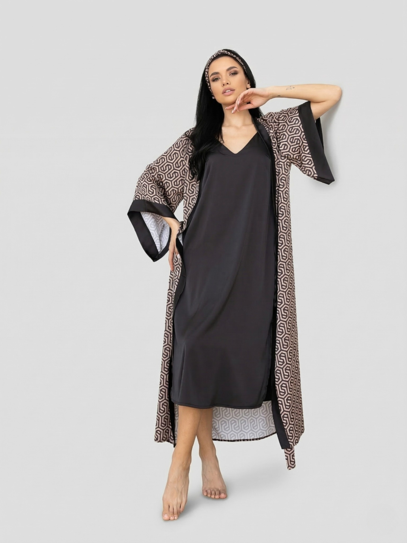 Шикарний шовковий комплект кімоно батал Кг199н Графіт+принт модель Кг199н Фото