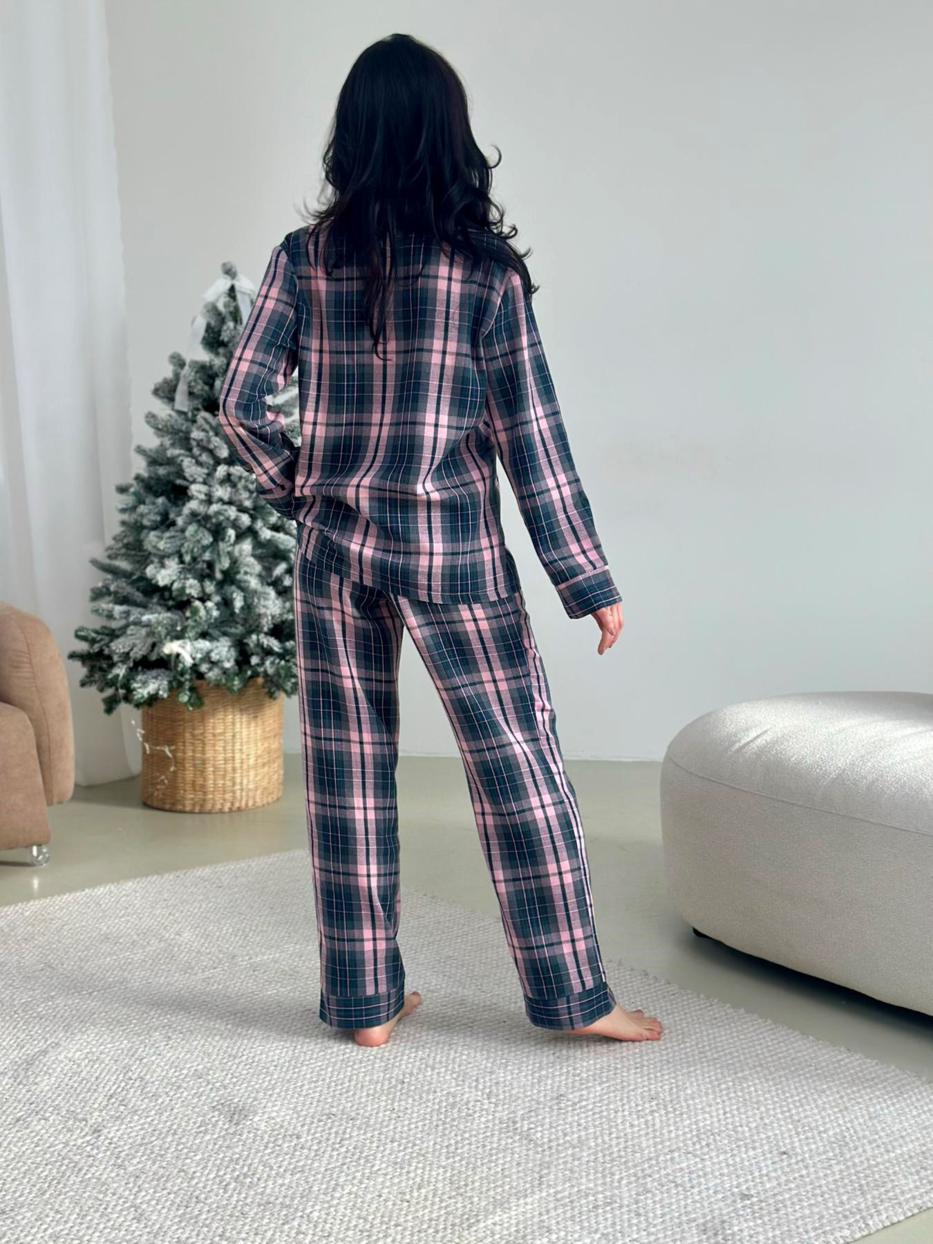 Домашняя женская пижама COSY в клеточку розовато-серая (рубашка+штаны) модель F571P01 Фото