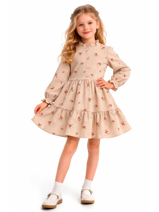 Дитяча сукня з мікровельвету «Мія» з рукавом на ґудзиках, Бежевий Denchik (dn-7344) модель dn-7344-bezhevij Фото
