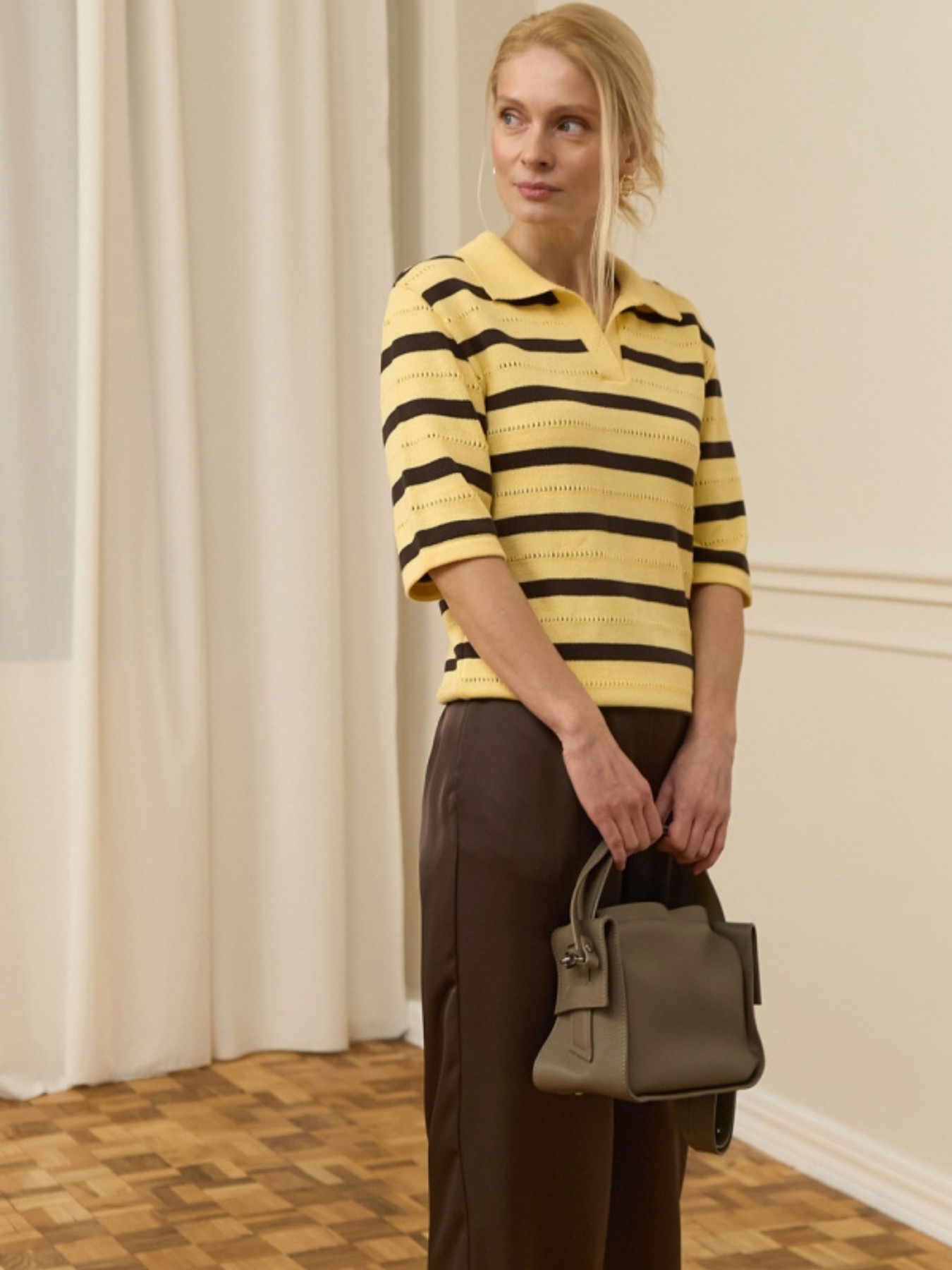 Жіноче поло у смужку з коротким рукавом, Лимонний TrikoBakh (2947) модель 2947-limon-shokolad Фото