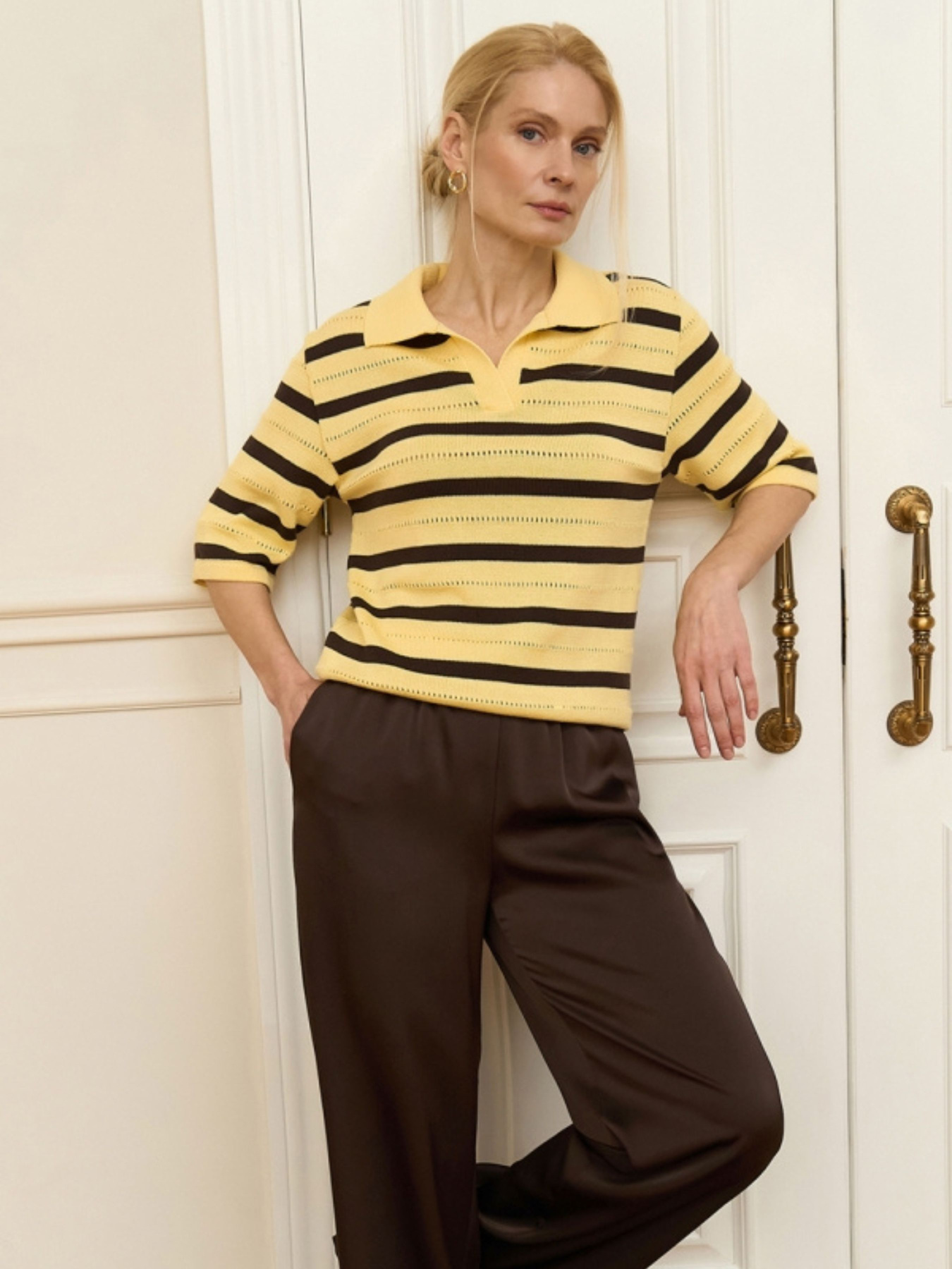 Жіноче поло у смужку з коротким рукавом, Лимонний TrikoBakh (2947) модель 2947-limon-shokolad Фото