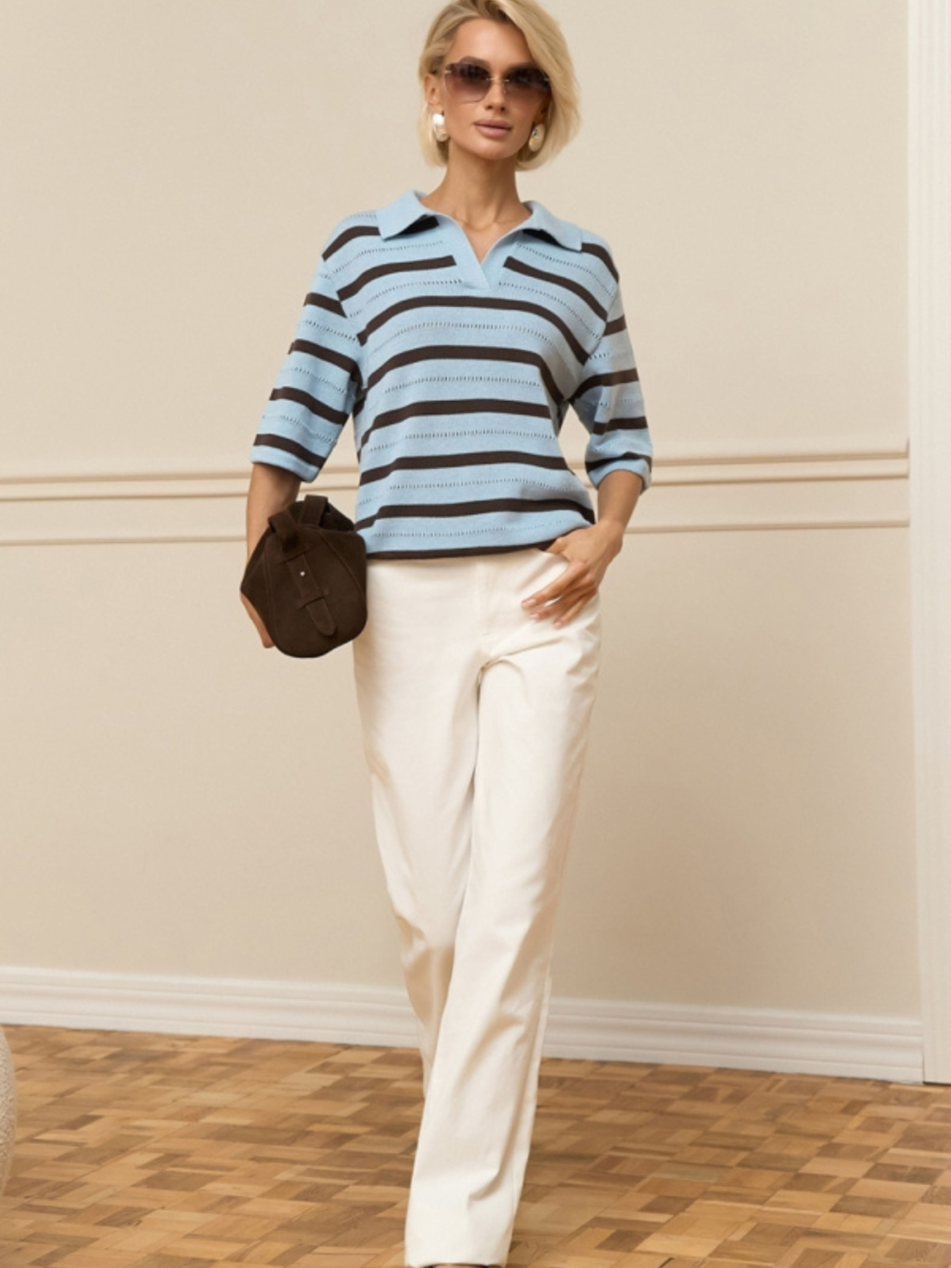 Жіноче поло у смужку з коротким рукавом, Блакитний TrikoBakh (2947) модель 2947-nebesno-shokoladnij Фото