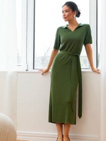 Жіноча сукня-поло міді із віскозної пряжі з паском, Оливковий TrikoBakh (2928) модель 2928-olivkovij Фото