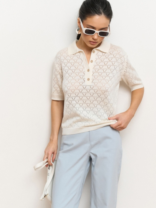 Жіноче ажурне поло з коротким рукавом, Молочний TrikoBakh (2919) модель 2919-molochnij Фото