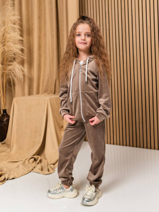 Дитячий велюровий костюм худі і штани для дівчинки, Капучино Denchik (dn-8579) модель dn-8579-kapuchino Фото