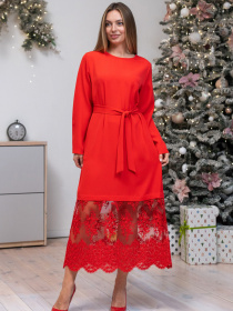 Жіноча сукня «Марсела» з напівпрозорим мереживом та паском, Червоний RiMari (СК 2025) модель 2025-chervonij Фото