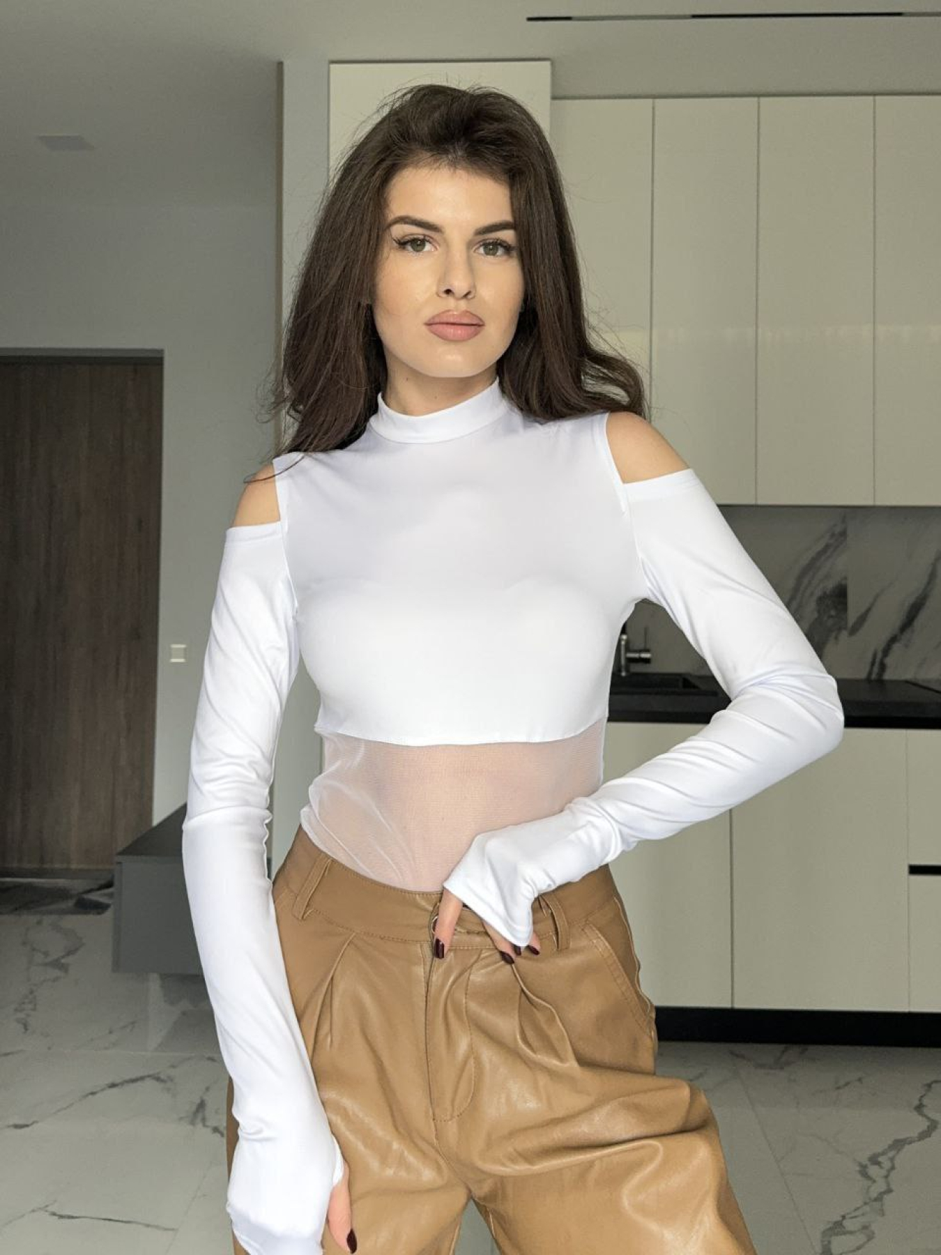 Жіноче боді зі вставками із сітки та рукавом, Білий Uaclothes (like16091) модель like16091-belj Фото