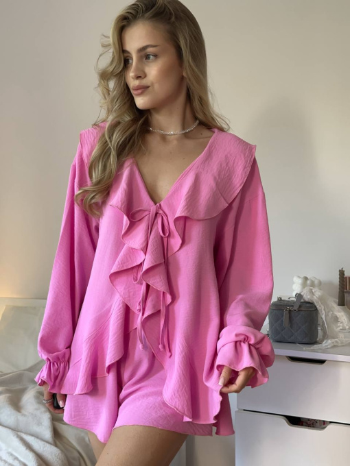 Жіночий літній легкий костюм із рюшами (сорочка+шорти), Рожевий Uaclothes (like14523) модель like14523-rozovj Фото