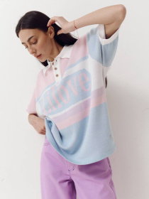 Розовая женская футболка поло из трикотажа Jacquard mood модель 418 Розовая женская футболка поло из трикотажа Jacquard mood модель 418 Фото