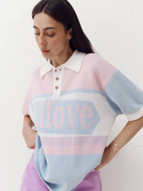 Розовая женская футболка поло из трикотажа Jacquard mood модель 418 Розовая женская футболка поло из трикотажа Jacquard mood модель 418 Фото