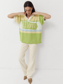 Желтая женская футболка поло из трикотажа Jacquard mood модель 418 Желтая женская футболка поло из трикотажа Jacquard mood модель 418 Фото