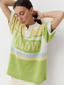 Желтая женская футболка поло из трикотажа Jacquard mood модель 418 Желтая женская футболка поло из трикотажа Jacquard mood модель 418 Фото