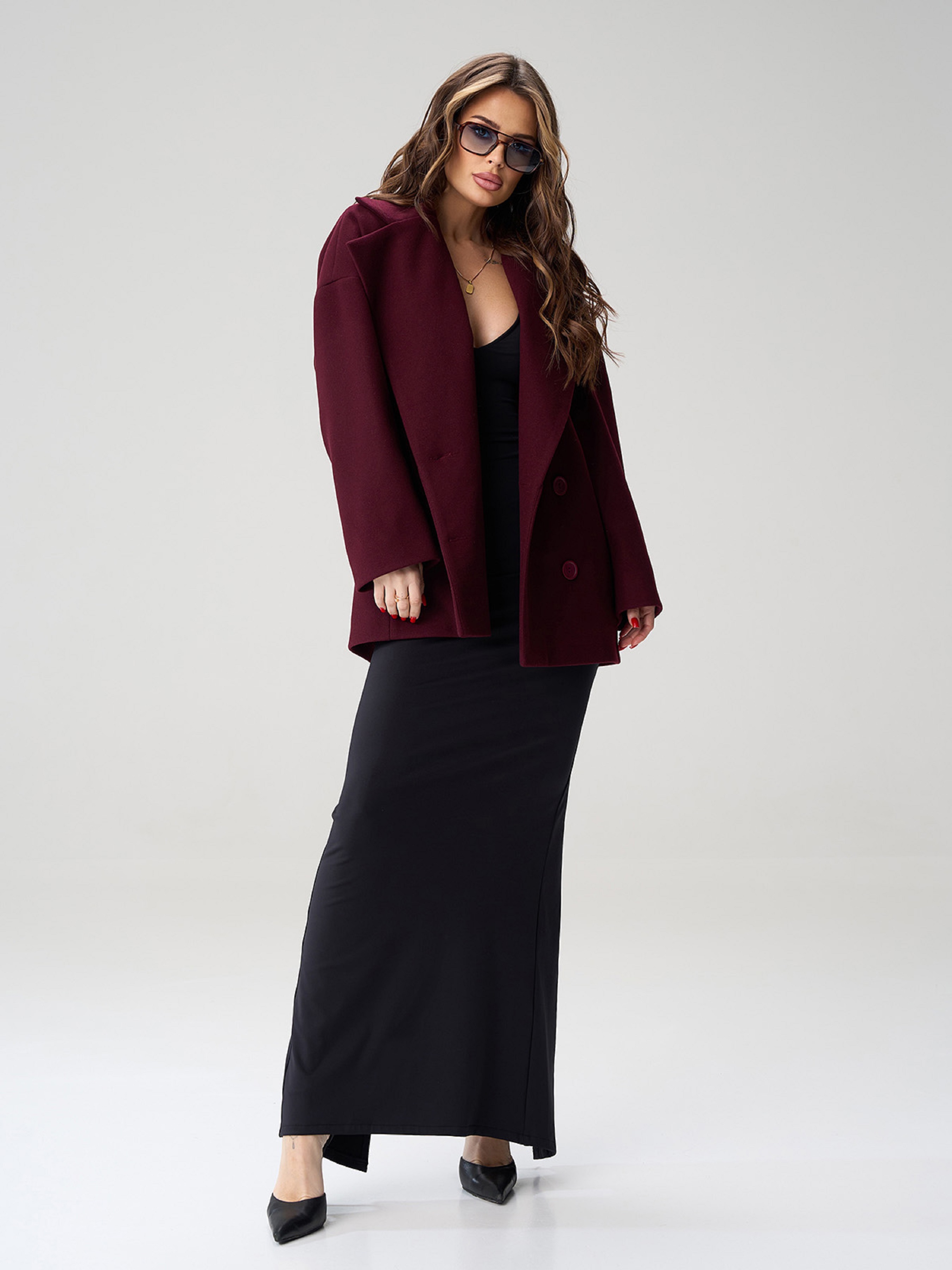 Жіноче Пальто ISSA Plus  (15499_dark_burgundy) колір бордовий, матеріал кашемір ISSA Plus - купити в Україні