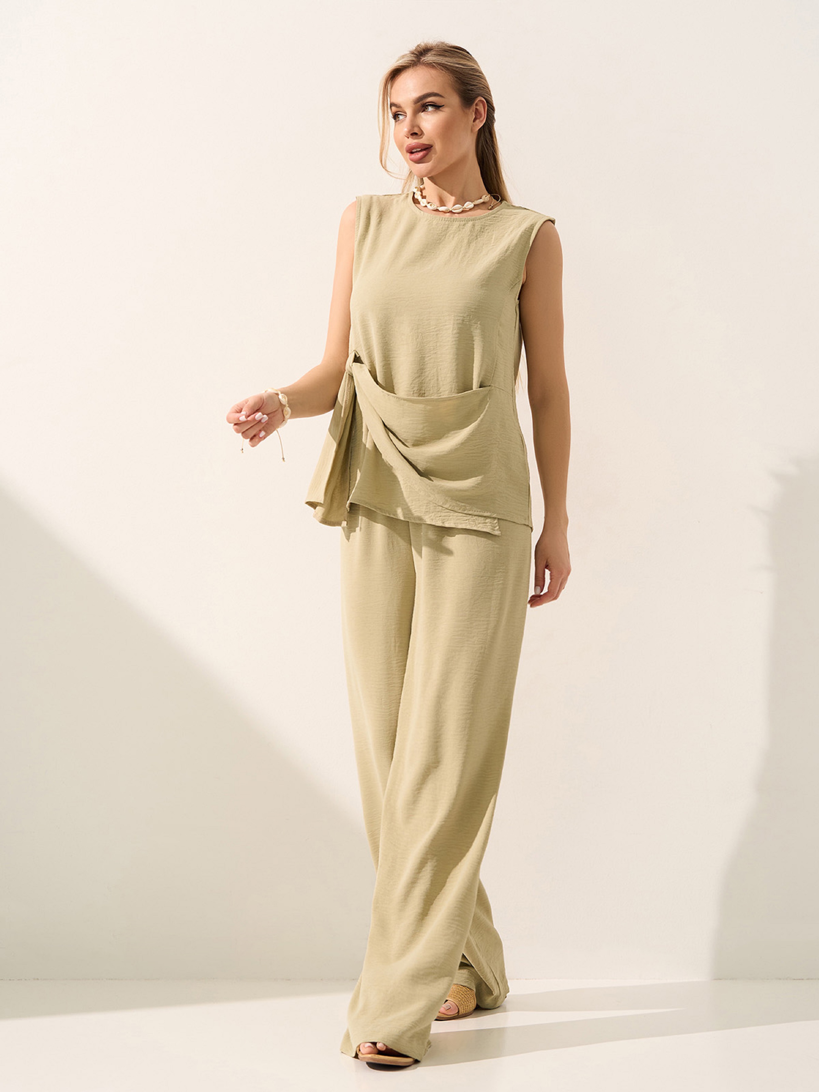 Жіночий Повсякденний костюм ISSA Plus  (15598_olive) колір оливковий, матеріал креп ISSA Plus - купити в Україні
