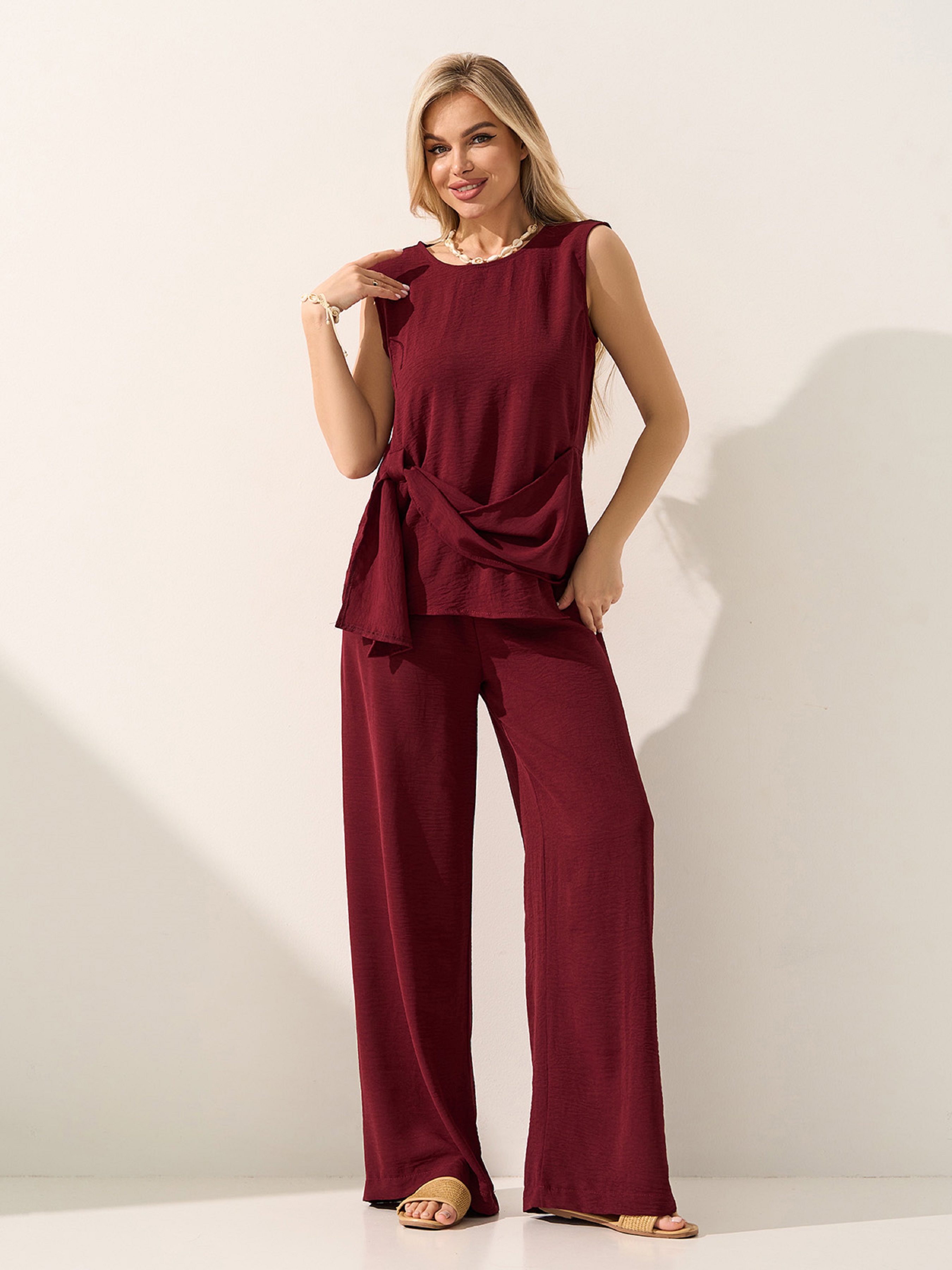 Жіночий Повсякденний костюм ISSA Plus  (15598_dark_burgundy) колір бордовий, матеріал креп ISSA Plus - купити в Україні