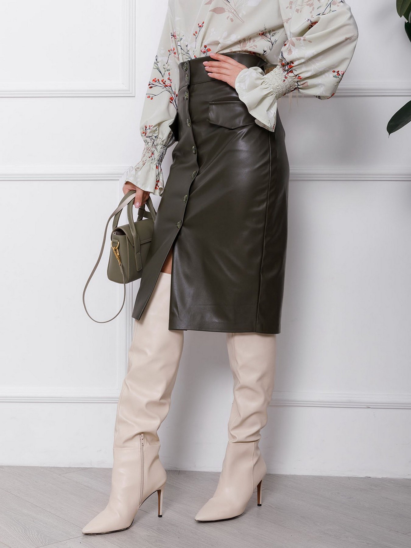 Юбка миди ISSA Plus модель SA-106_khaki Юбка миди ISSA Plus модель SA-106_khaki Фото